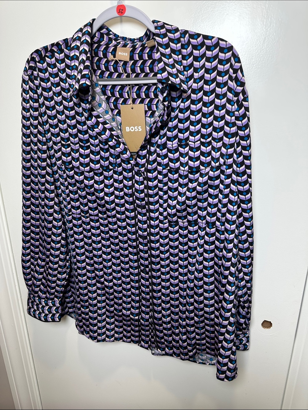 Boss Geometric-Print Button-Down Shirt in Black, Lavender & Light Blue (53)